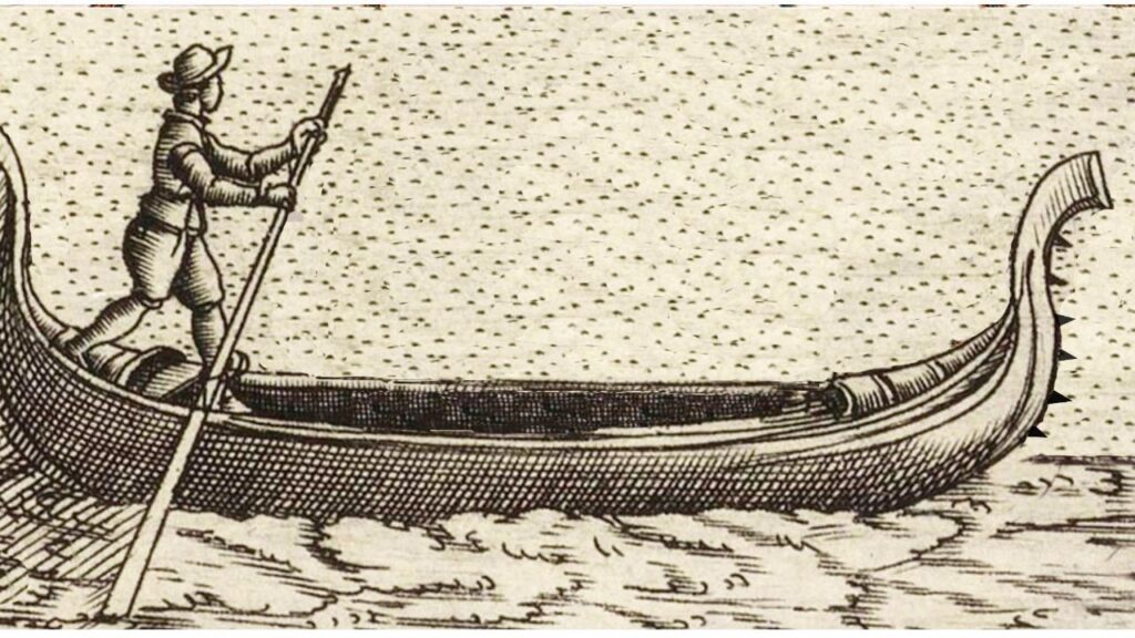 Una gondola del tipo d’assalto (ispirato alle imbarcazioni pirata normanno-vichinghe) costruita a partire dal 1509 sino alla fine del XVII secolo. (dalle illustrazioni di Jacopo Franco (1610) alla Biblioteca Nazionale Marciana, Venezia)