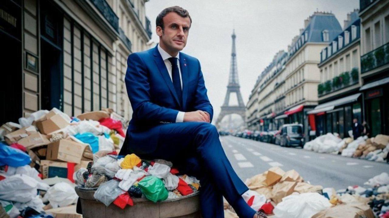 Macron seduto sui rifiuti.