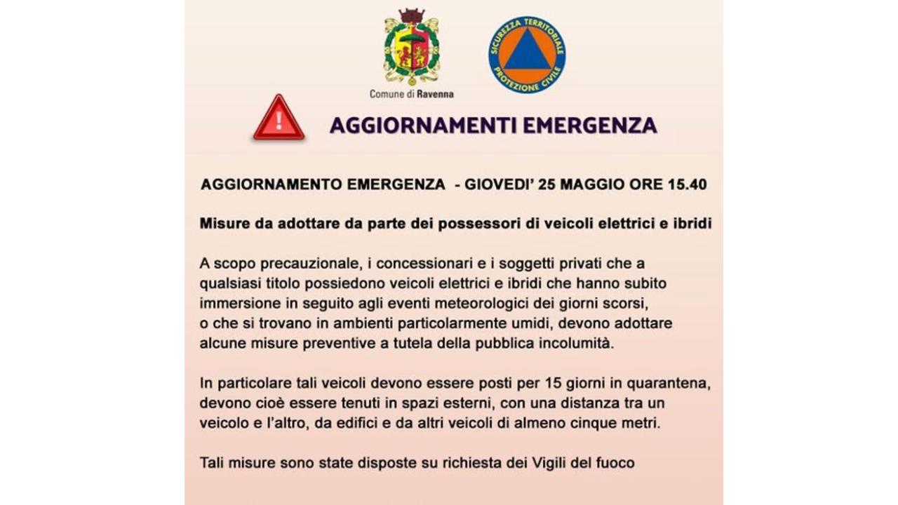 Ordinanza Comune di Ravenna: quarantena per auto elettriche alluvionate