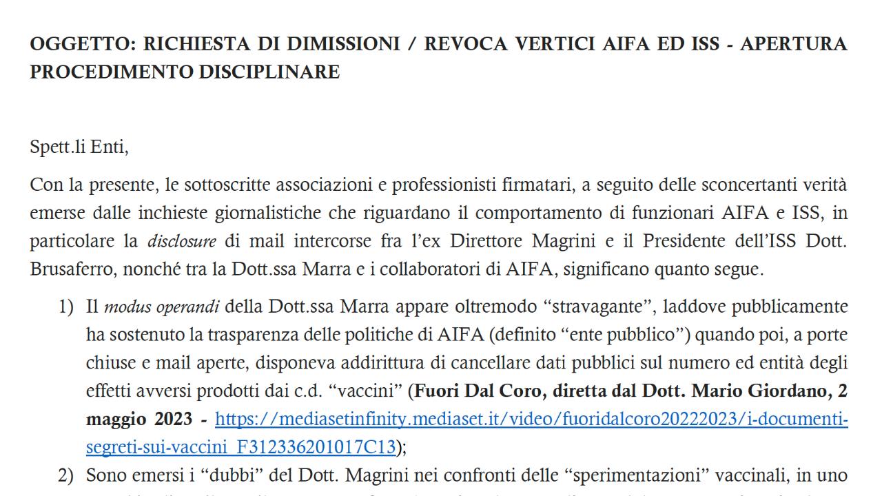 RICHIESTA DI DIMISSIONI / REVOCA VERTICI AIFA ED ISS - APERTURA PROCEDIMENTO DISCIPLINARE