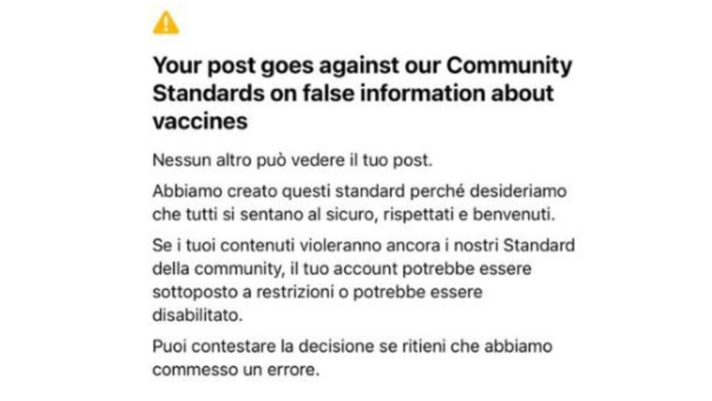 Facebook il tuo post viola gli standard della community sui vaccini