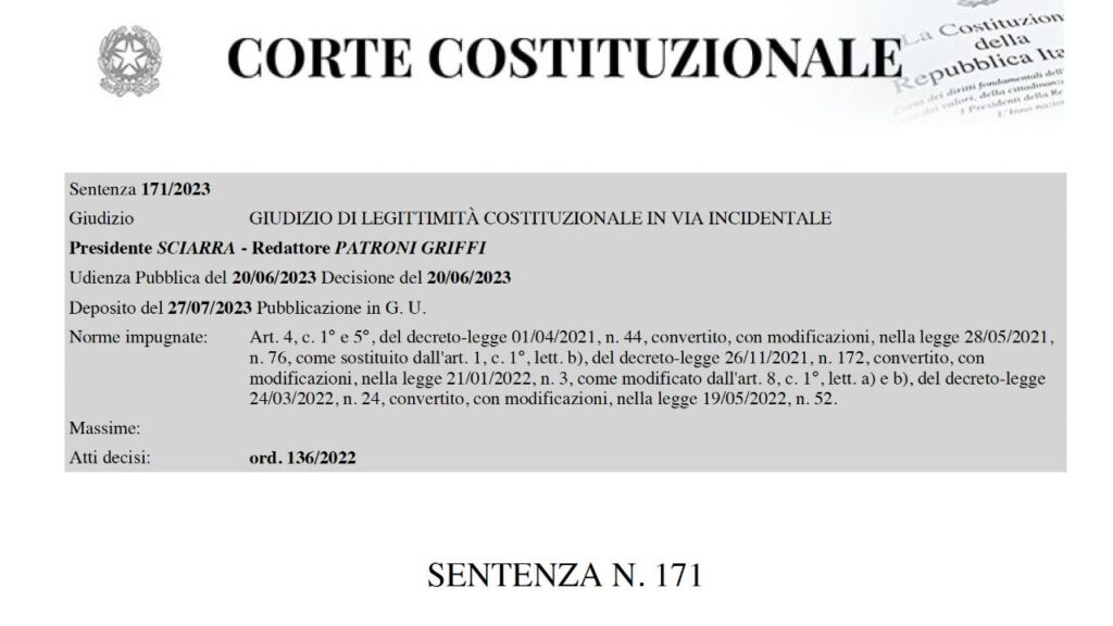 Corte Costituzionale sull'obbligo vaccinale dei sanitari guariti dal Covid - Sentenza n. 171 del 2023