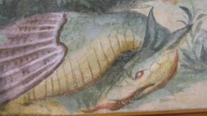 Feltre, Palazzo de Mezzan, sala della Venere, Ercole combatte con il toro Acheloo (part.), XVI sec. drago