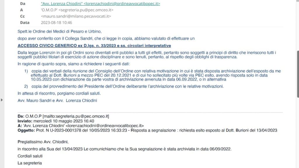 Accesso agli atti contro l'archiviazione dell'esposto a Burioni all'ordine dei medici di Pesaro e Urbino