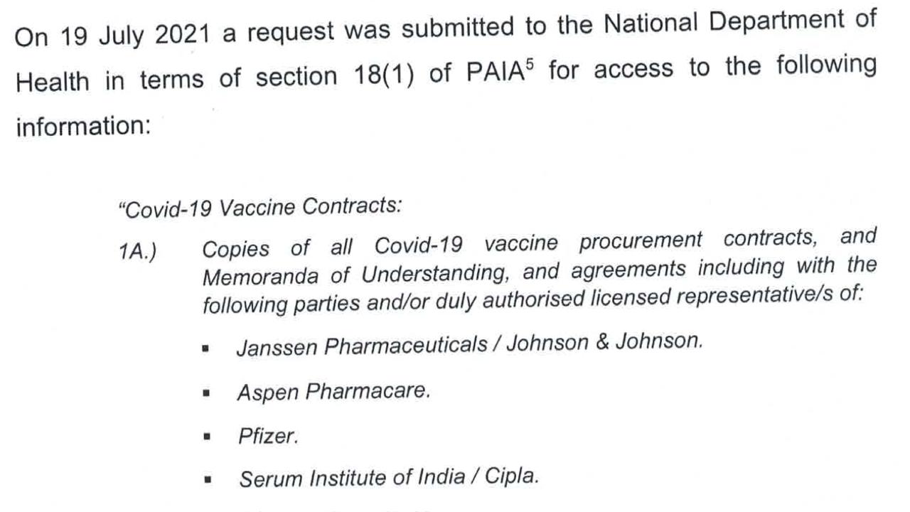 Dalla sentenza dell'Alta Corte di Pretoria che intima al governo di rilasciare copia dei contratti dei vaccini Covid - Agosto 2023