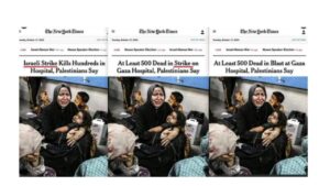 New York Times - Cambio di titoli sull'ospedale bombardato a Gaza - Ottobre 20023
