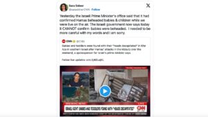 Il twitter la giornalista della Cnn Sara Sidner ammette che la notizia dei bambini israeliani decapitati era falsa.