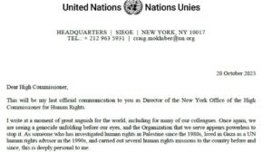 La lettera di dimissioni del direttore dell'Ufficio dell'Alto Commissario per i Diritti Umani a New York, Palais Wilson - 28 ottobre 2023