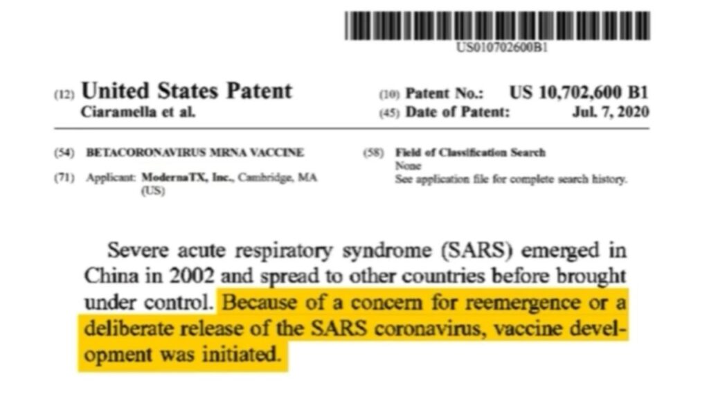 2019 - Moderna richiede un brevetto cui si faceva riferimento al rilascio accidentale o intenzionale di un agente patogeno respiratorio