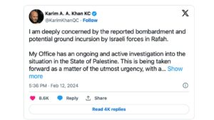 Il procuratore della corte dell'Aia lancia un avvertimento da Israele, il post su X