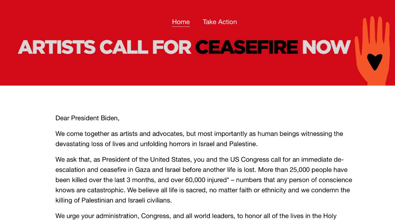Petizione per il cessate il fuoco a Gaza da parte degli artisti al presidente Biden