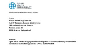 Lettera aperta all'OMS: è illegale e viola il diritto internazionale il processo di modifica del regolamento sanitario internazionale; SARAI ritenuto responsabile