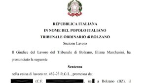 Sentenza Tribunale di Bolzano - Maggio 2024 - Risarcimento di quasi 170mila euro a una sanitaria sospesa per non essersi vaccinata pur avendo l'esenzione