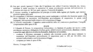Sentenza Tribunale di Firenze: Era in malattia, quindi la sospensione perché non vaccinata non è valida e gli stipendi non percepiti vanno pagati - 15 maggio 2024