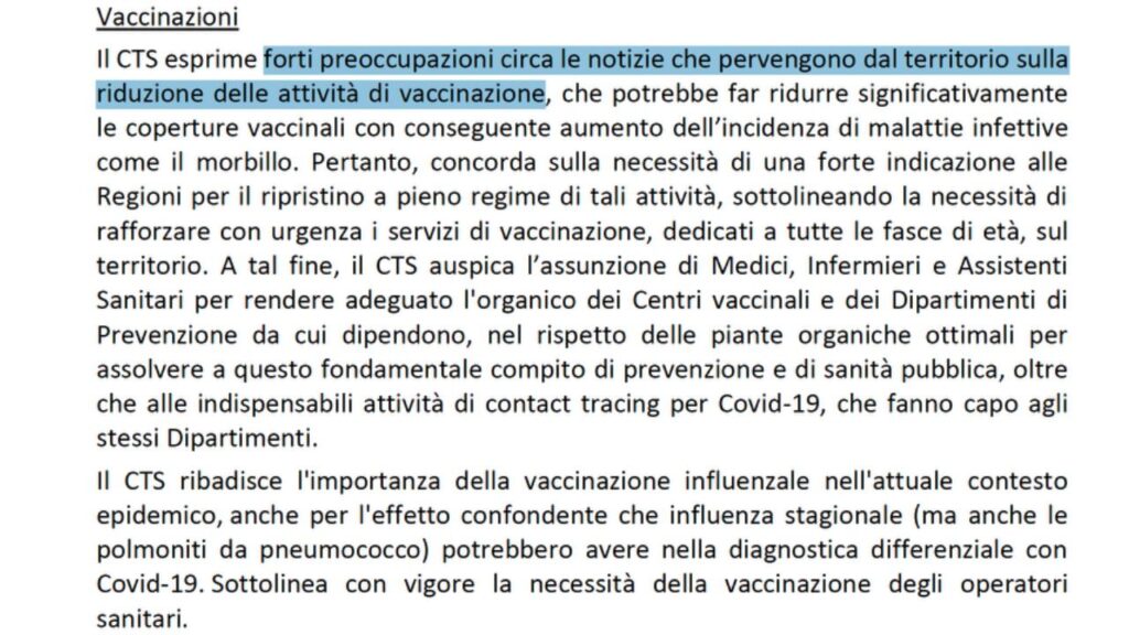 Il 17 aprile 2020 con le scuole chiuse il Cts ha "forti preoccupazioni" sul calo delle vaccinazioni pediatriche