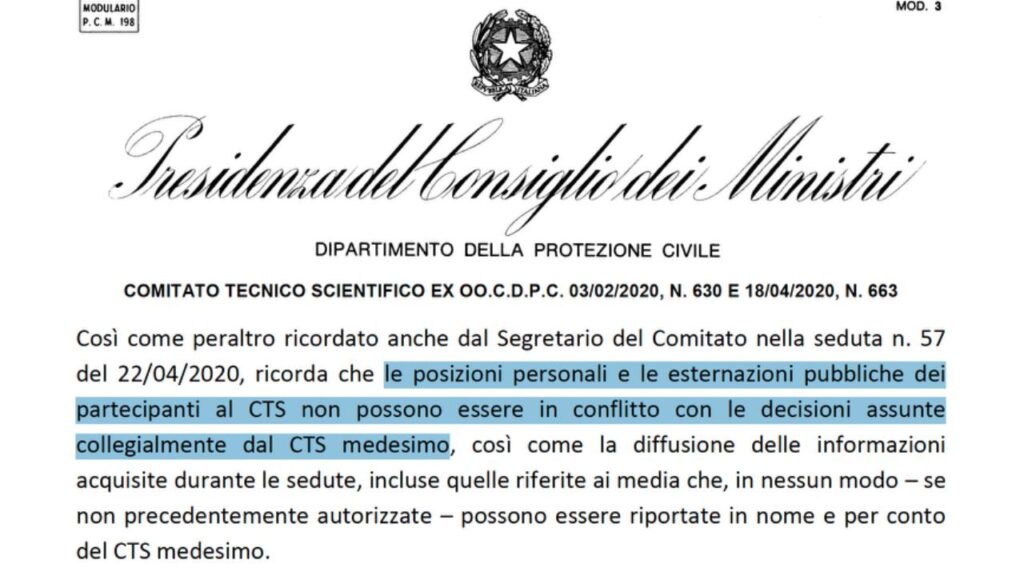 Verbale Cts 23 aprile 2020: le posizioni personali e le esternazioni pubbliche dei partecipanti al CTS non possono essere in conflitto con le decisioni assunte collegialmente dal CTS medesimo