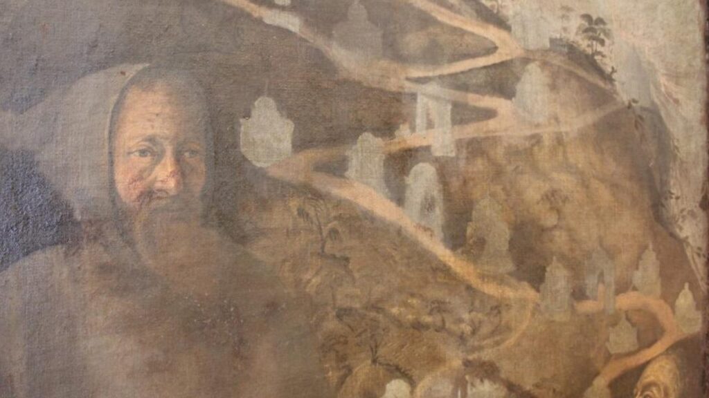 Sacro Monte ideatori: nella tela da restaurare La tela da restaurare: Padre Aguggiari e, a destra, l'architetto Bernascone con la Via Sacra sullo sfondo nella tela del Seicento da restaurare