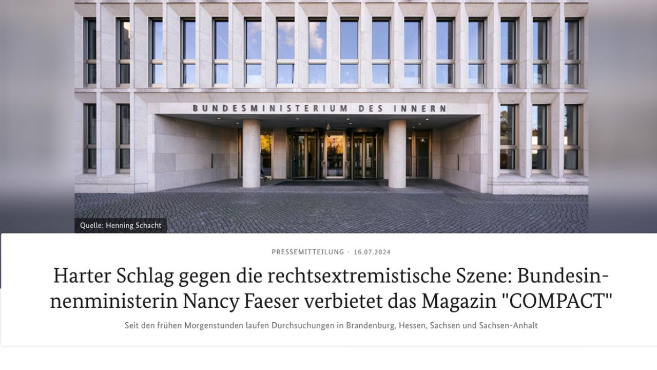 Germania: il ministro federale degli Interni Nancy Faeser vieta la rivista di estrema destra “COMPACT” - Luglio 2024