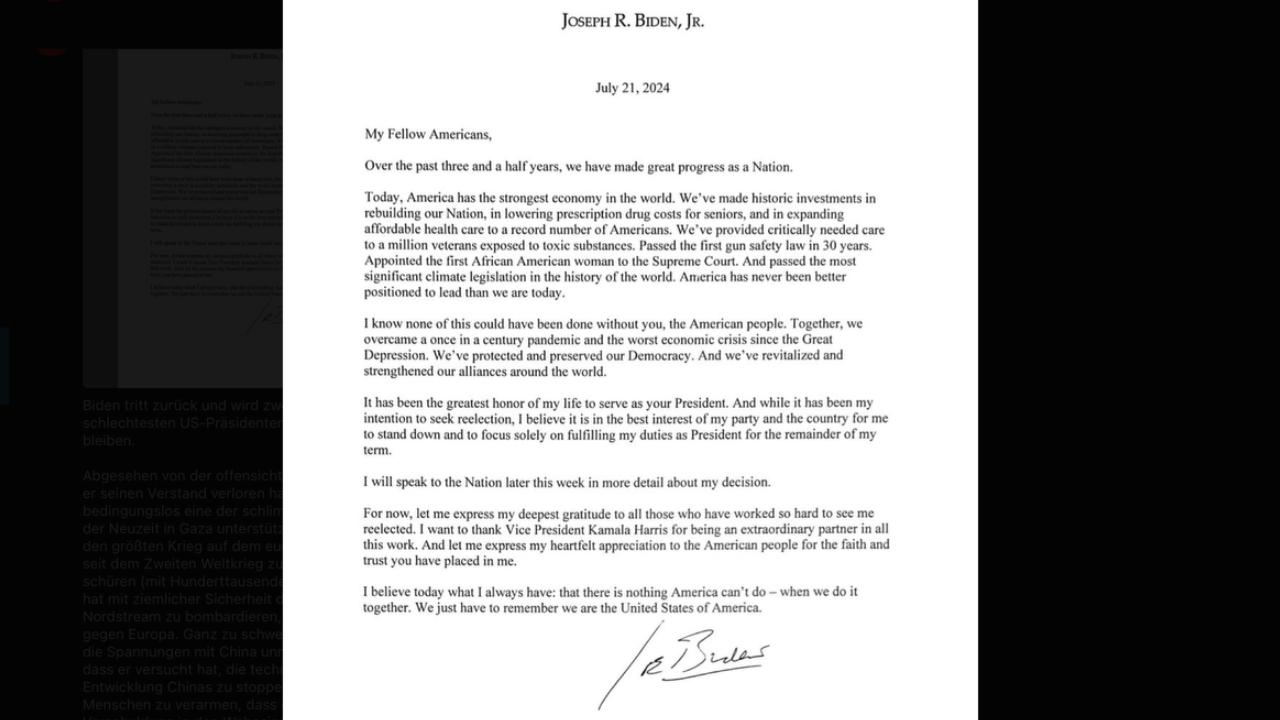 Lettera dimissioni Joe Biden da presidente degli Stati Uniti d'America - 19 luglio 2024