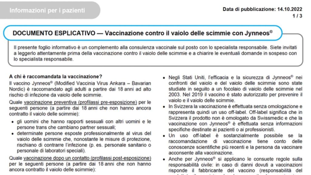 Indicazioni terapeutiche svizzere vaccino vaiolo delle scimmie con Jynneos®