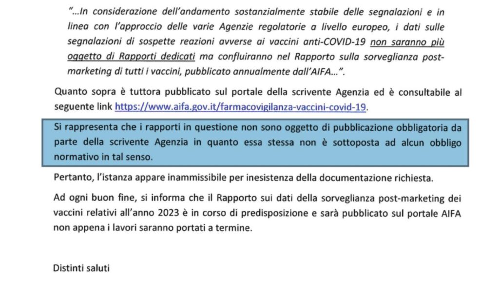 Aifa: i rapporti di farmaco vigilanza dei vaccini "non sono oggetto di pubblicazione obbligatoria" e quelli del Covid "non saranno più oggetto di Rapporti dedicati ma confluiranno nel Rapporto sulla sorveglianza post­ marketing di tutti i vaccini" - settembre 2024