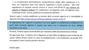 Aifa: i rapporti di farmaco vigilanza dei vaccini "non sono oggetto di pubblicazione obbligatoria" e quelli del Covid "non saranno più oggetto di Rapporti dedicati ma confluiranno nel Rapporto sulla sorveglianza post­ marketing di tutti i vaccini" - settembre 2024