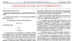 Gazzetta Ufficiale - Legge sull'educazione civica a scuola - 21-8-2019