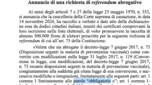 Testo referendum contro l'obbligo vaccinale - Gazzetta Ufficiale del 15 Novembre 2024 p. 133