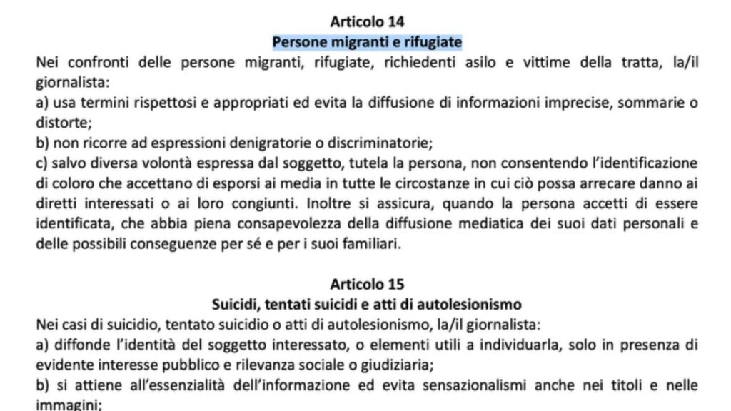 Nuovo codice ordine dei giornalisti - art. 14 Migranti