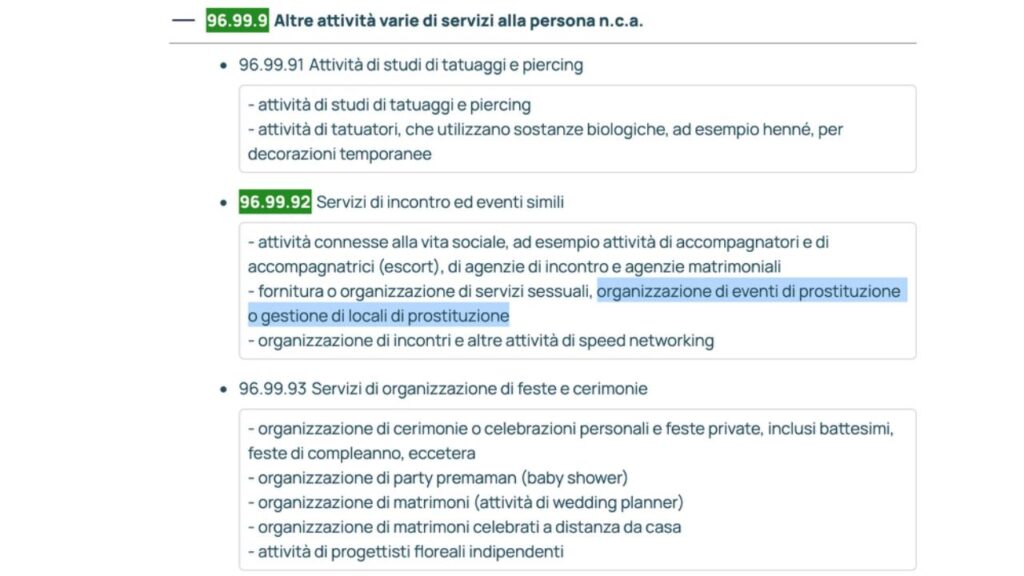 Codice Ateco Prostituzione